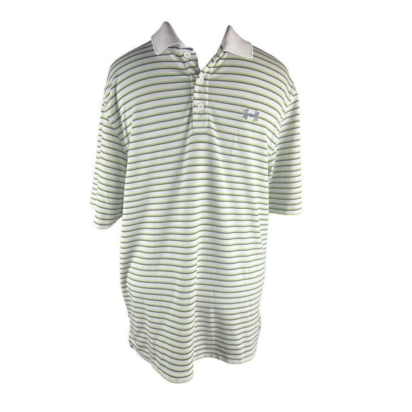 UNDER ARMOUR Heatgear Loose Golf Shirt Size L White Green Blue Stripes polo - Picture 2 of 7